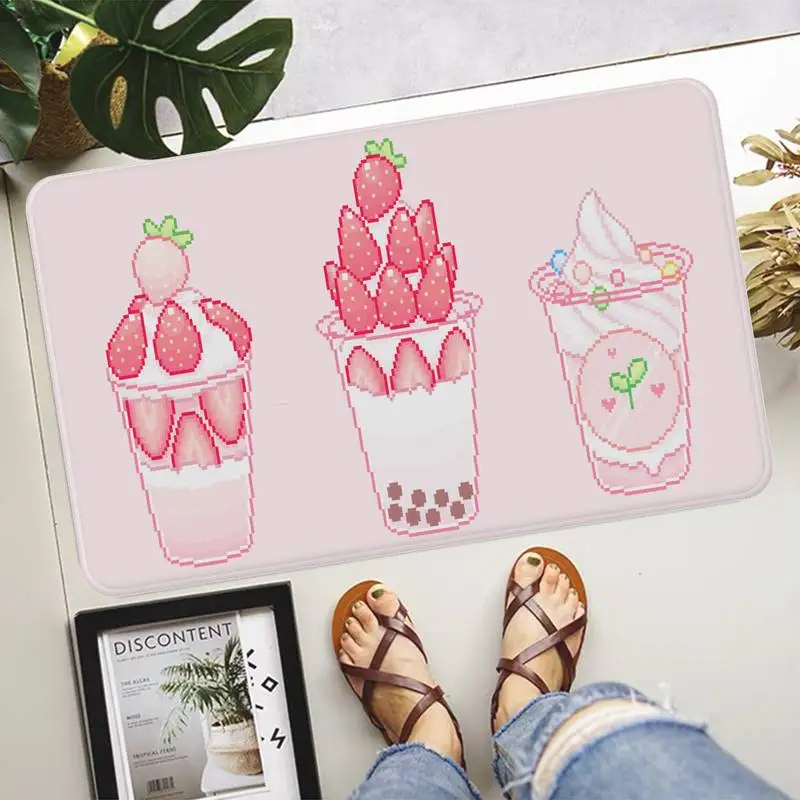 Japanese Strawberry Milk Mat Printed Flannel Floor Mat Bathroom Decor Carpet Non-Slip For Living Room Kitchen welcome Doormat