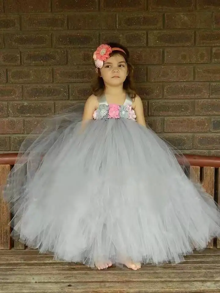 Grey fluffy Beauty Contest T-show Party Kids Clothes Children Princess Clothing Vestido tutu Costume Tutu Girls Party Dress