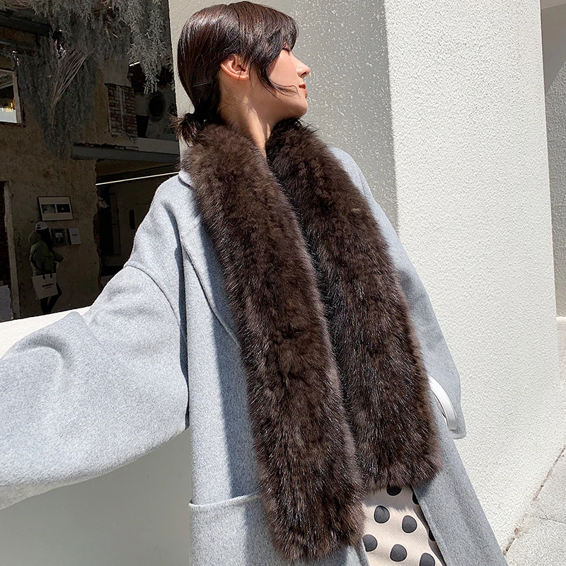 2020 Women Knitted Real Sable Fur Scarves Genuine Mink Fur Mufflers Winter Warm Fur Wraps Rings Neckwarmer Long Style 150CM