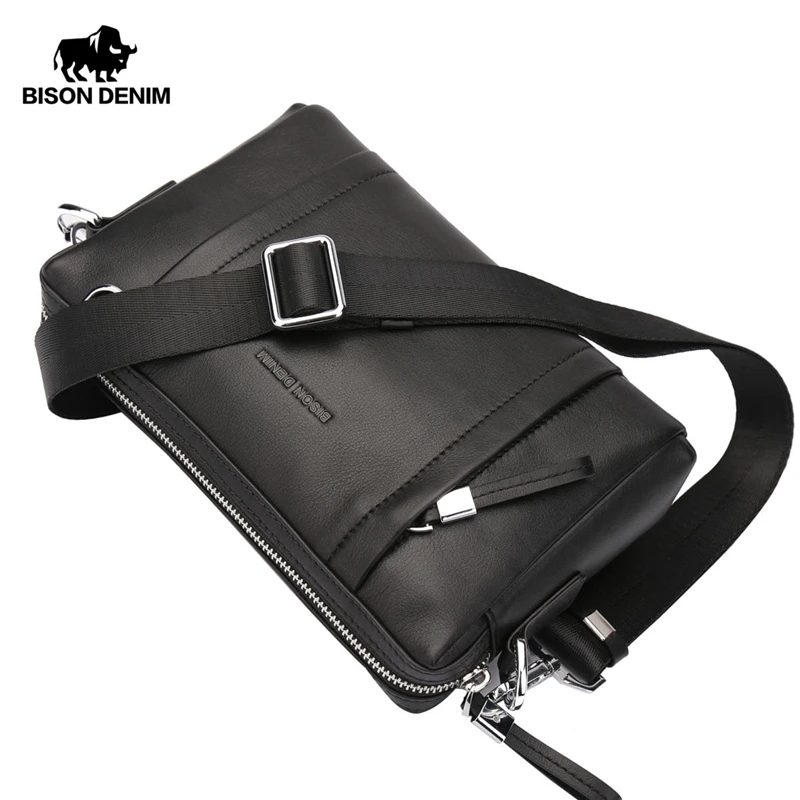 BISON DENIM 100% Genuine Leather Guarantee Crossbody Bag Black Messenger Bag Men's Clutch bag Zipper Wallet N8016