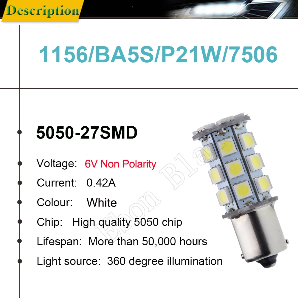 1Pcs 6V 6 Volt 1156 BA15S LED Bulb 27 SMD 5050 P21W Backup Reverse Lamp DRL Turn Signal Light For Classic Car Motorbike 6000K