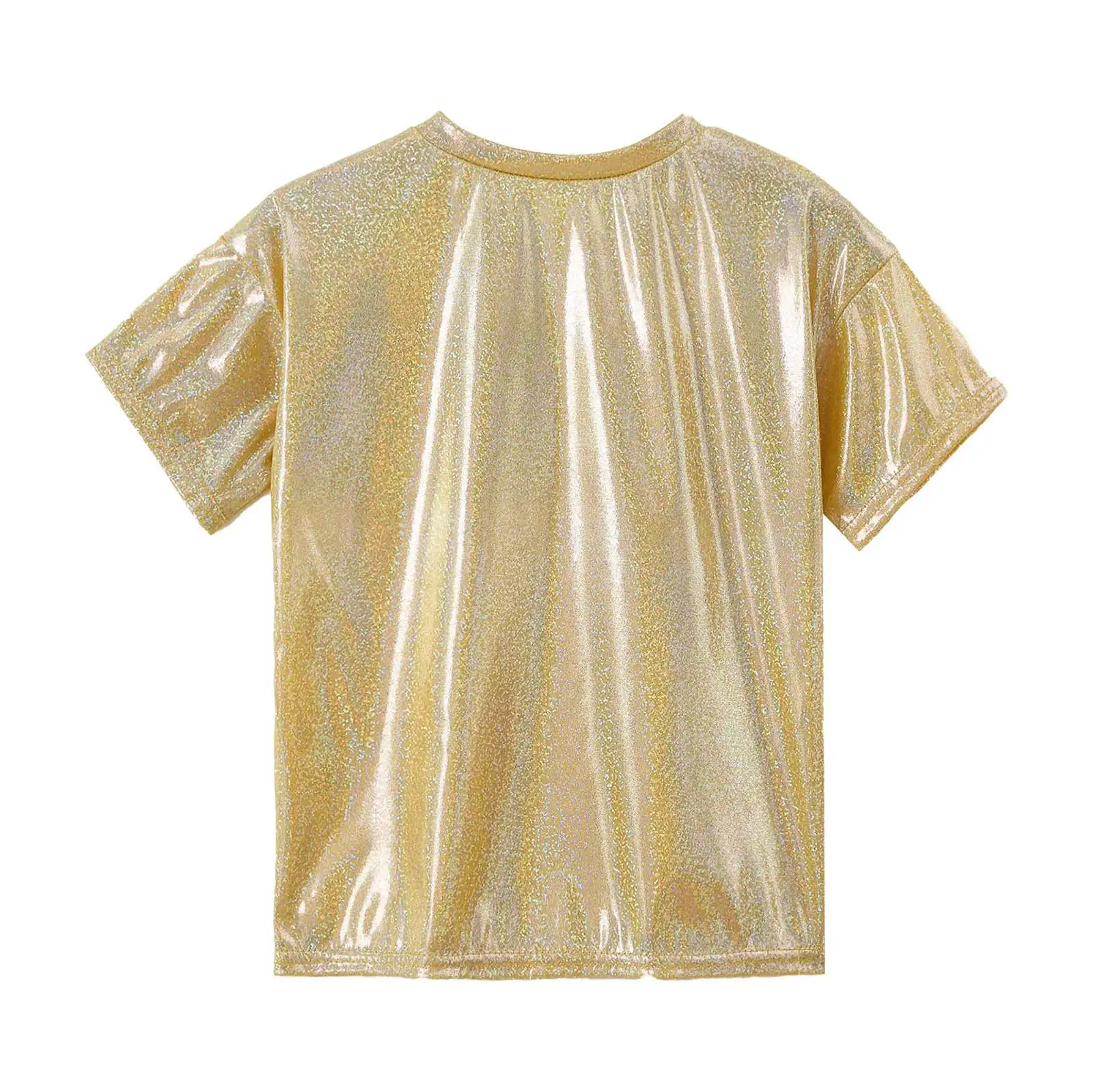 Kids Girls Boys Jazz Dance Tops Metallic Shiny Dancing Clothes Hip-hop Sequins Loose Short-sleeved T-shirts Street Dance Clothes