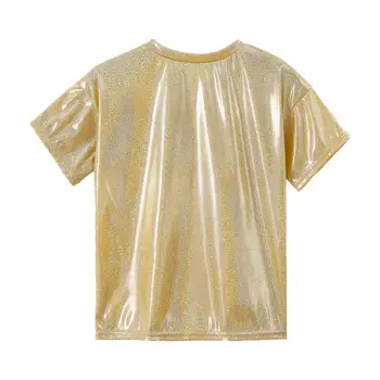 Metallic Shiny Dance T-Shirt for Kids 2 Kids Boys Girls Metallic Shiny T-shirts Top Stretchy Bright Blouse Dancewear Sparkly Jazz Hip Hop Modern Dance Tops Performance 2