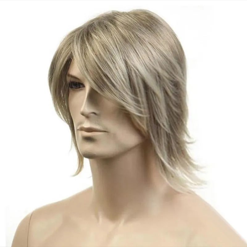 Long Omber Blonde Straight Wig Synthetic Wig With Side Part Bangs Heat Resistant Fiber For Men Daily Party Cosplay Use