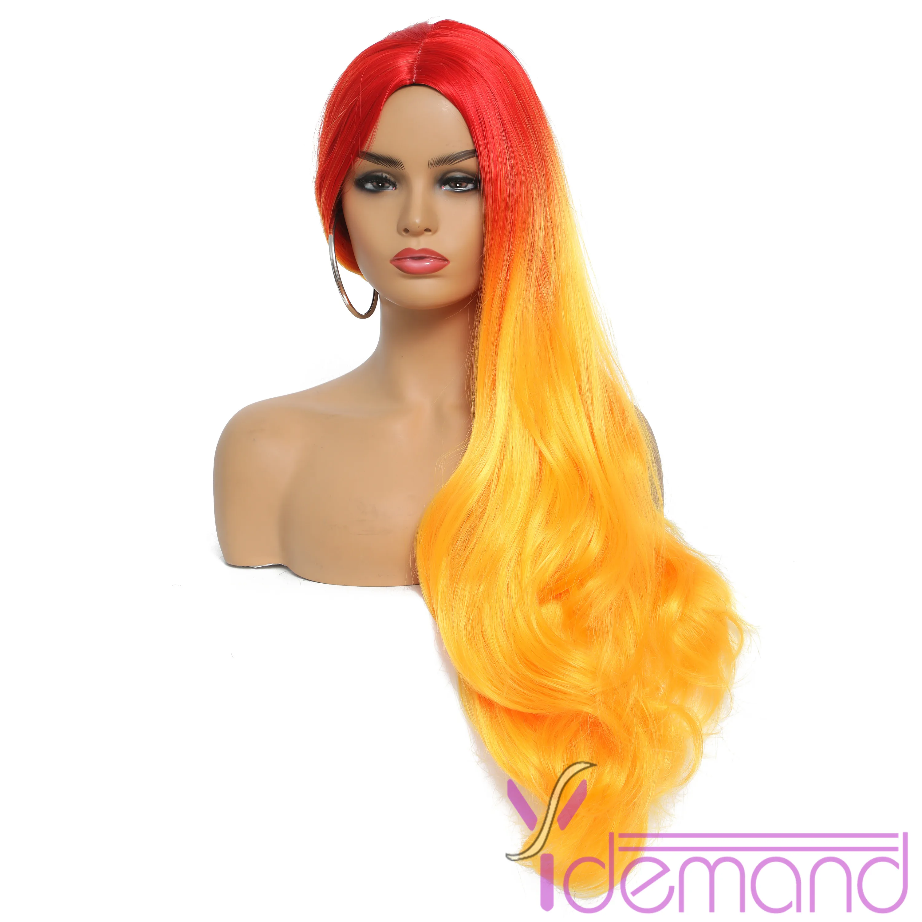 Super Long Ombre Orange Synthetic Hair Wigs For Women Middle Part BodyWavy Cosplay Wigs Heat Resistant Natural Hair Wig