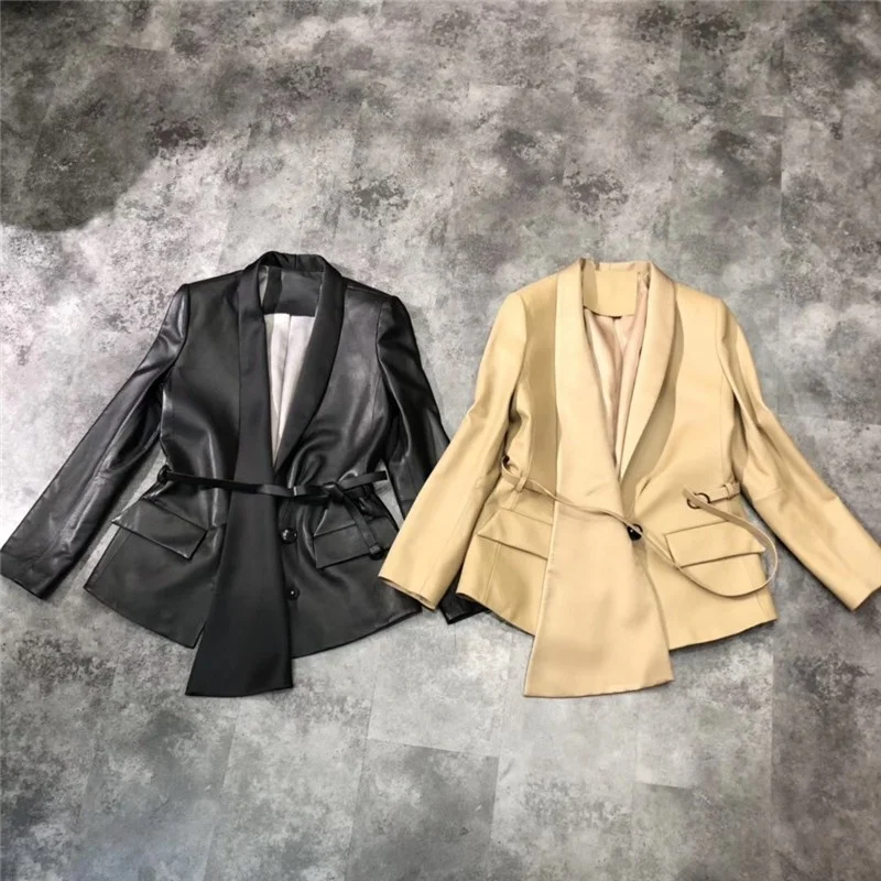 

Ladies Office Elegant Suit Jacket Designer Asymmetrical Real Leather Sheepskin Coat Fashion Sashes Slim Fit Short Jackets Women