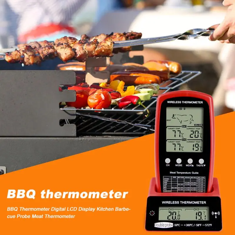 Digital BBQ Dual Probe Thermometer Wireless Kitchen Oven Cooking Grill Smoker Thermometer Meter Gauge Tool