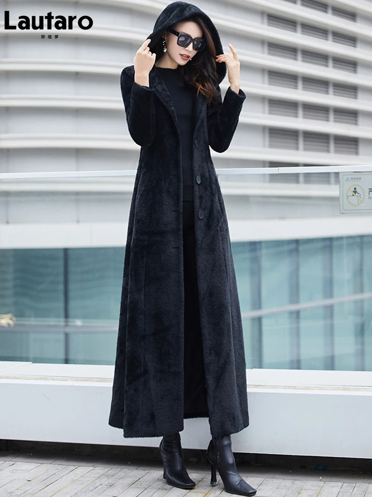 Lautaro Winter Extra Long Black Soft Warm Faux Fur Coat Women with Hood Long Sleeve Slim Fit Maxi Fluffy Korean Fashion 2023