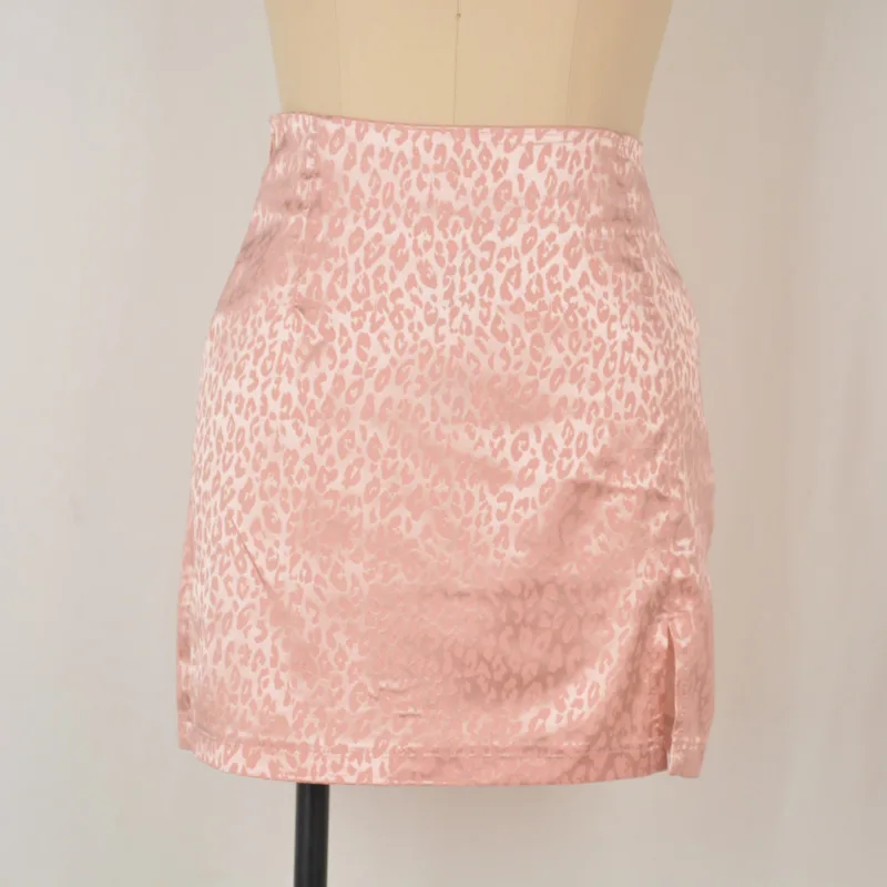 New In Summer Pink Leopard Satin High Waisted Sexy Bodycon Split Mini Skirts Women 2023 Fashion Streetwear Club Short Skirt