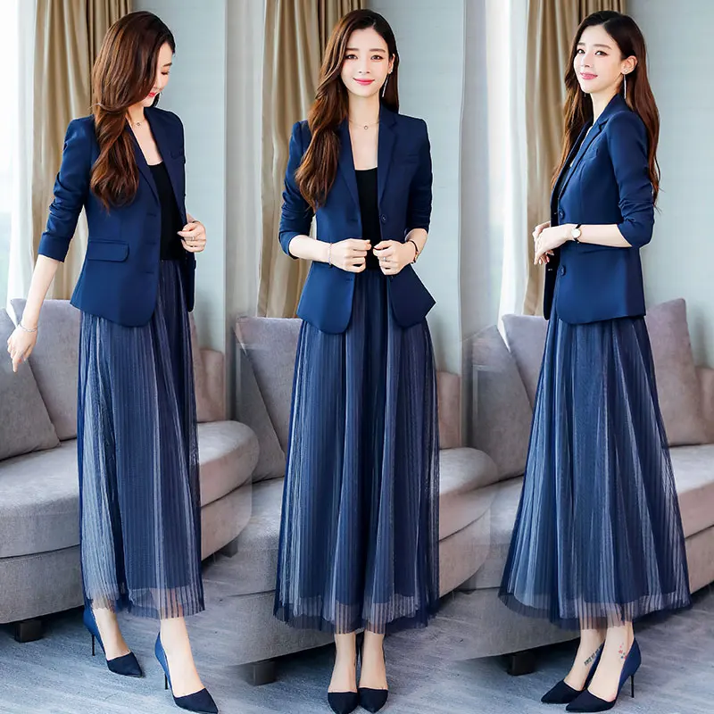 YASUGUOJI New Fall Single Breasted Blazer with Mesh Dress Suits Women Slim 2 Piece Women Suits Office Sets Suit Elegant Women