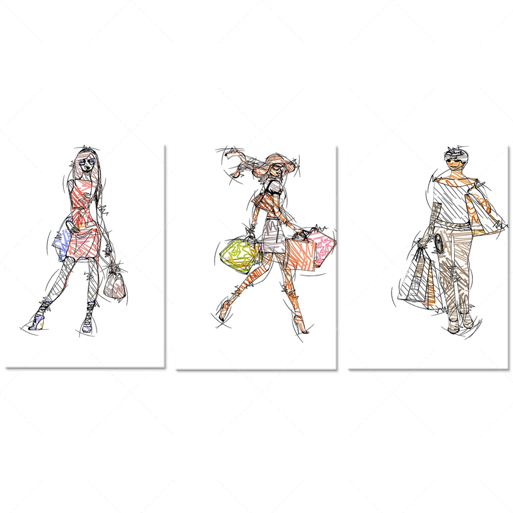 3 ensembles de tirages de croquis de mannequins, affiches de mannequins, affiches de croquis de modèles