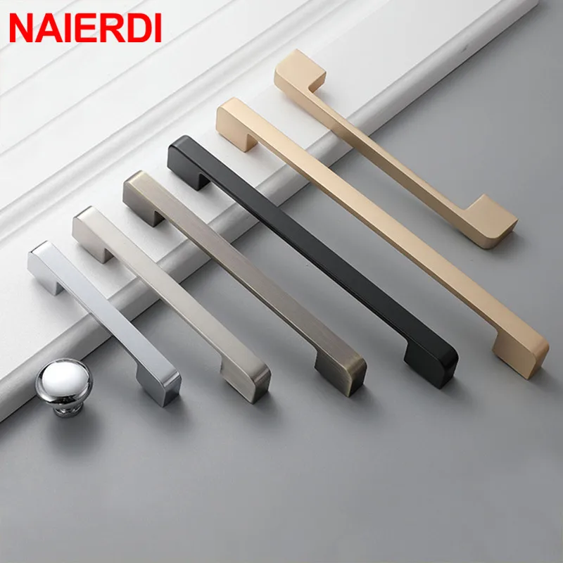 NAIERDI American style Kitchen Cupboard Pulls Zinc Aolly Gold Silver Cabinet Handles Drawer Knobs Fashion Furniture Handle