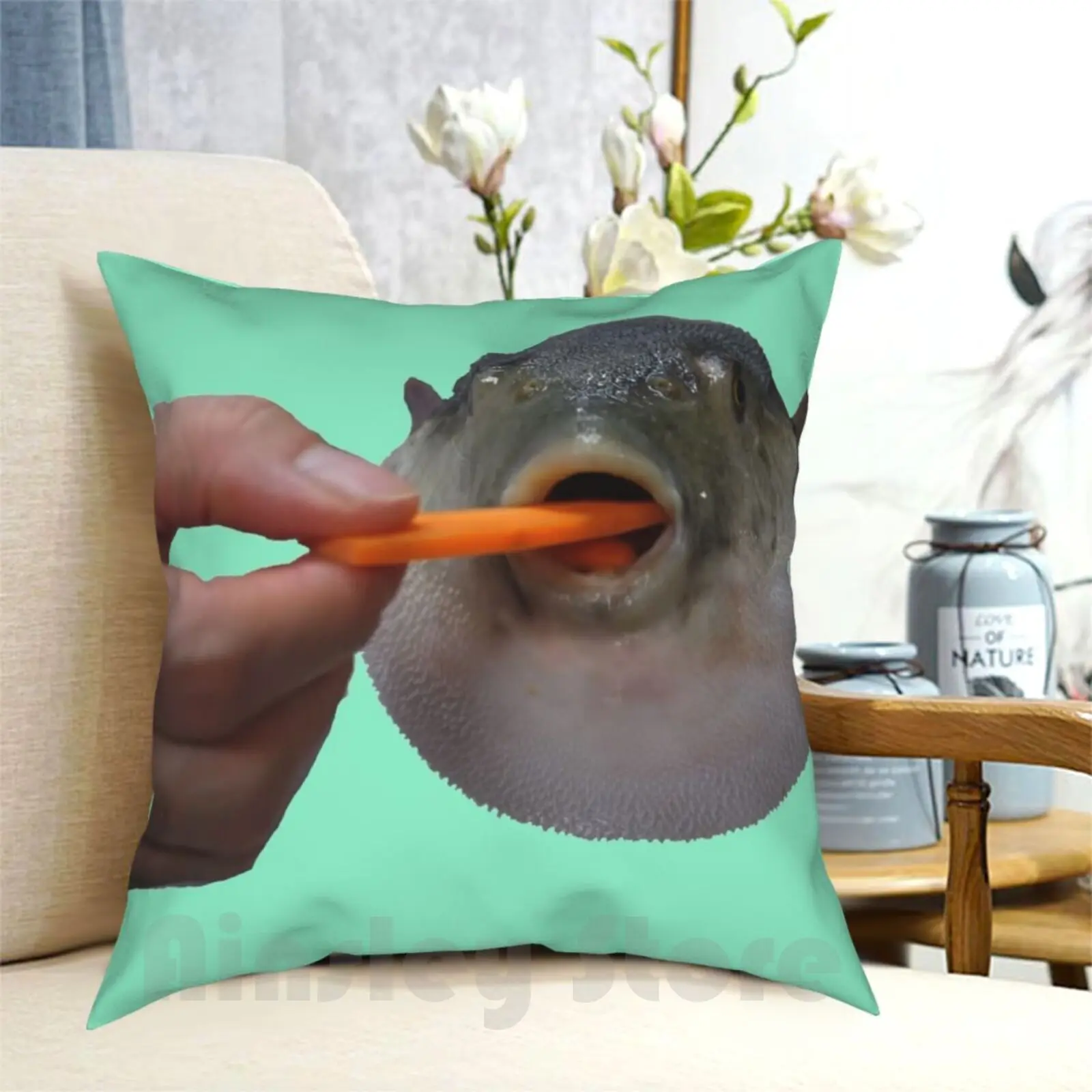 Pufferfish Eating Carrot Pillow Case Printed Home Soft Throw Pillow Pufferfish Puffer Fish Eats Eating Carrot Funny Cute