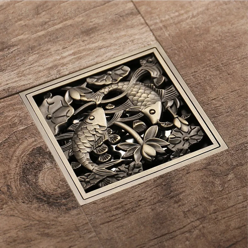Antique Brass Floor Drain Square Balcony Drainage Filter Odorproof Bathroom Cover Special Relief Design Sink Strainer