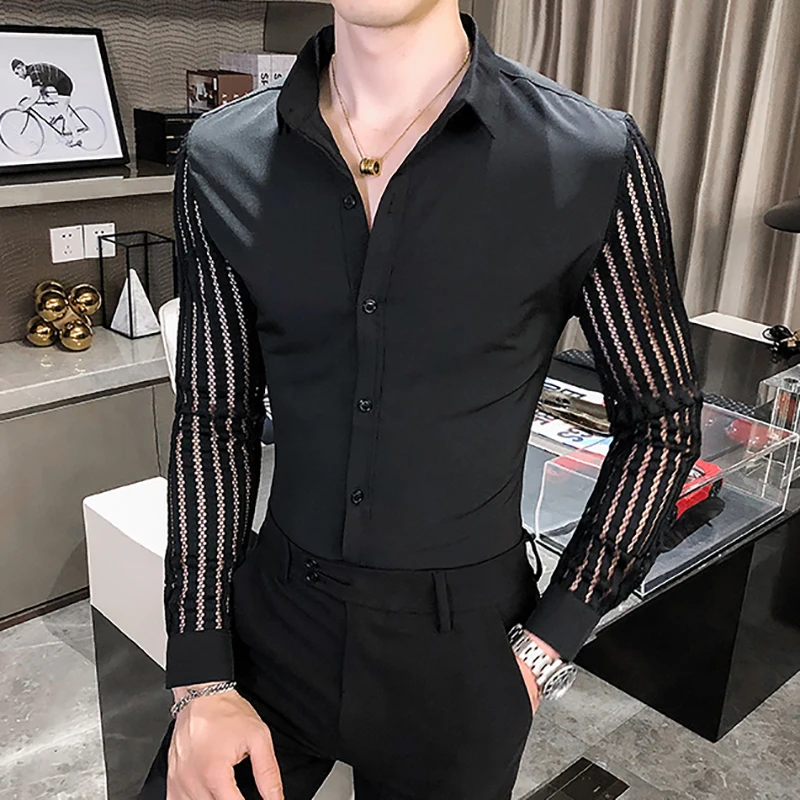 2021 New Men Lace Perspective Shirt Party Prom Hollow Lace Patchwork Long Sleeve Tuxedo Shirt Nightclub Casual Social Shirt