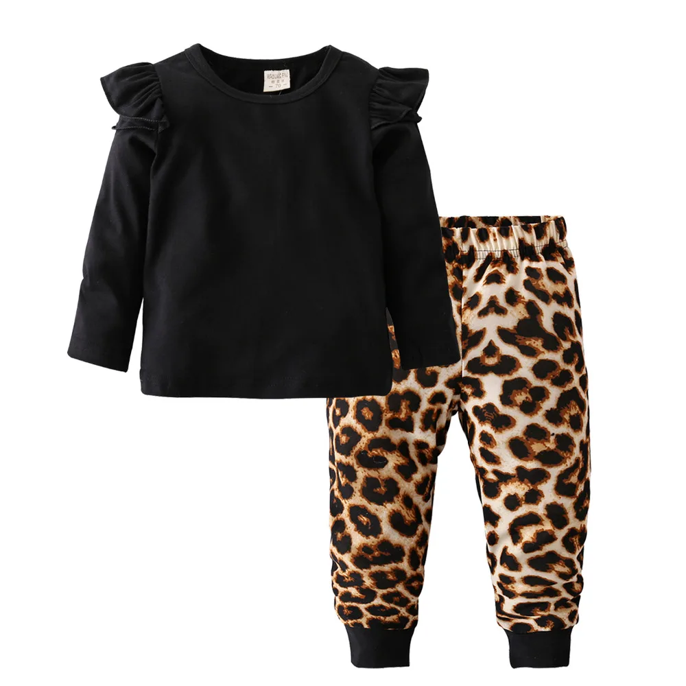 

Fashion Cool Baby Girls Clothing Set Cotton Long Sleeve Black Tops+Leopard Pants Casual Toddler 2Pcs Newborn Baby Girls Clothes