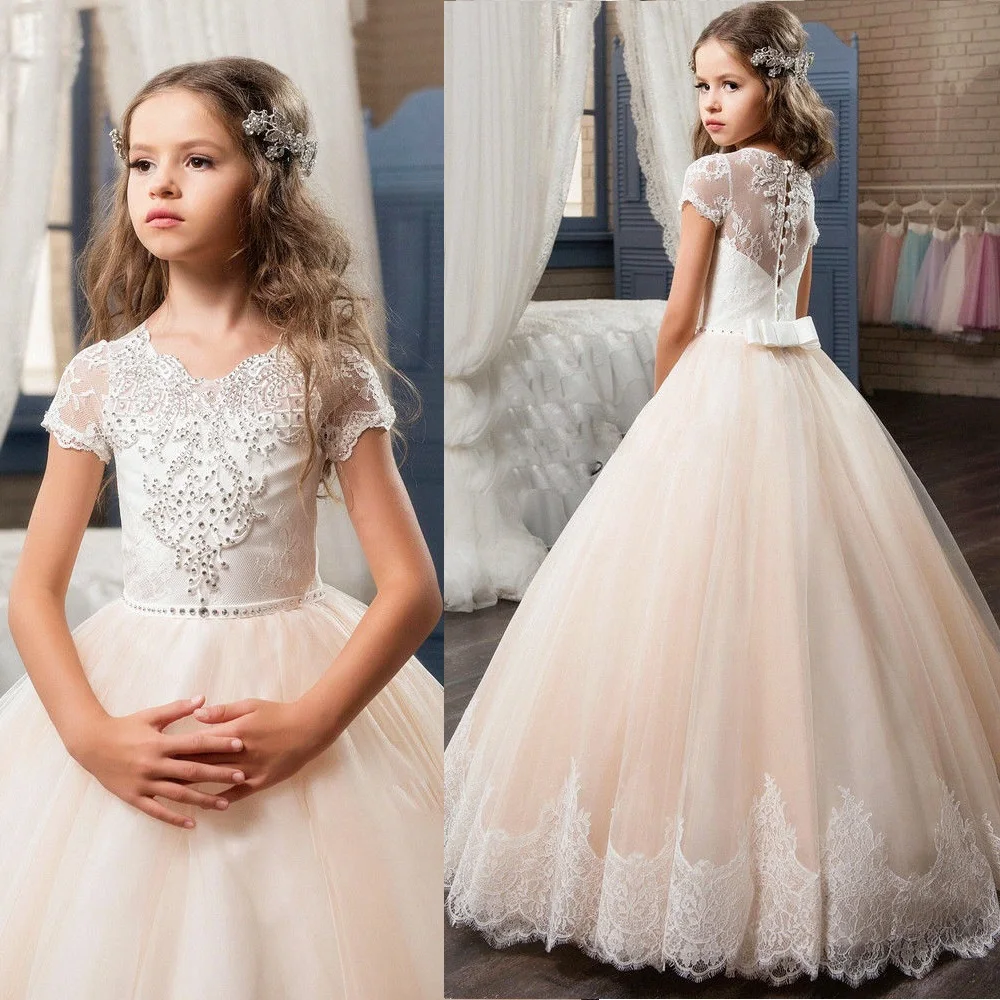 Champagne Tulle Bloem Meisje Jurken Voor Wedding Korte Mouw Junior Bruidsmeisje Kids Birthday Party Princess Gown Eerste Communie