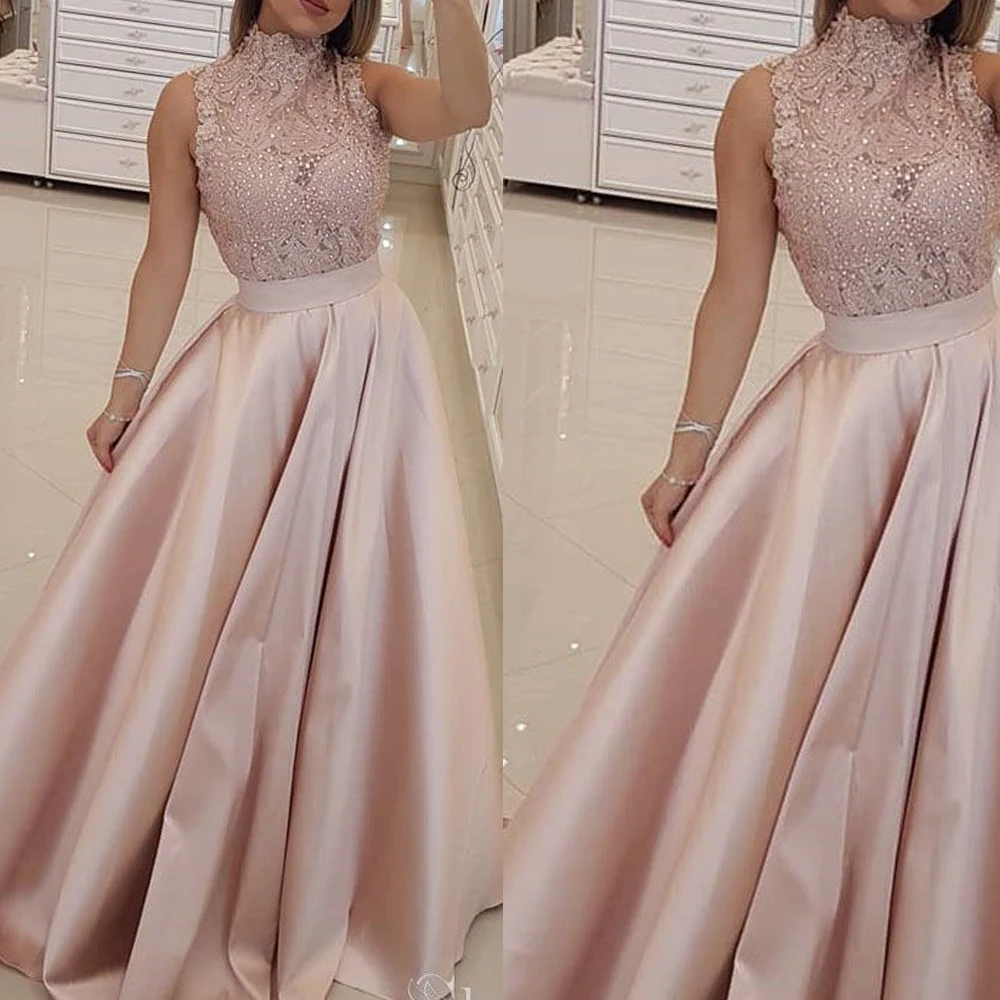 pink prom dresses 2020 lace appliques pearls beading crystal lace appliques satin floor length evening dresses vestidos de gala