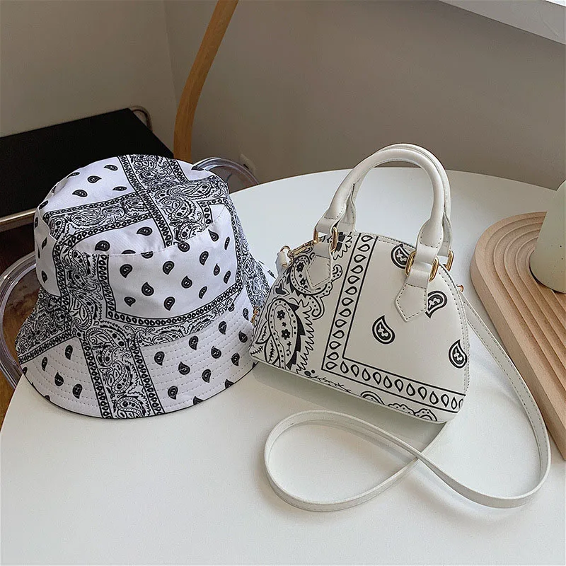 Fashion PU Leather Small Crossbody Shoulder Bag For Women Luxury Handbags Ladies Cashew Flower Fisherman\'s Hats and Handkerchief