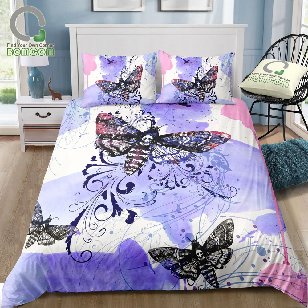 BOMCOM 3D Digital Printing Duvet Cover Set Watercolor Flourish Purple Pink Blast Death's Head Hawk Moth (NO Comforter) 1 Duvet C