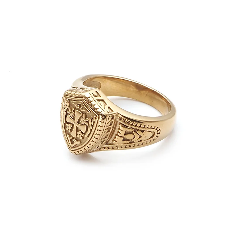 Gothic Size 7-13# 316L Stainless Steel Gold-Plated Color Warrior Cross Shield Knight Templar Ring Jewelry