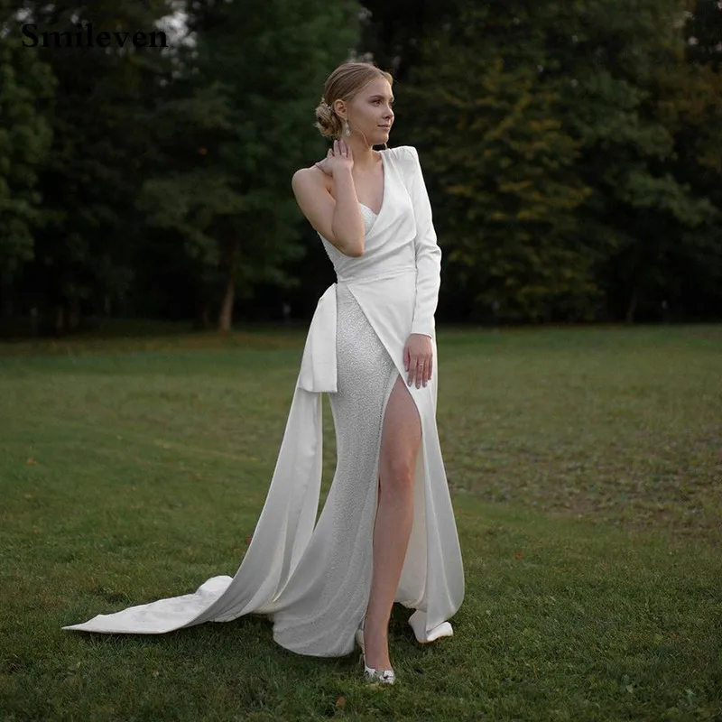 Smileven – robe De mariée sirène en Satin doux, asymétrique épaule dénudée, manches longues, paillettes, fente latérale