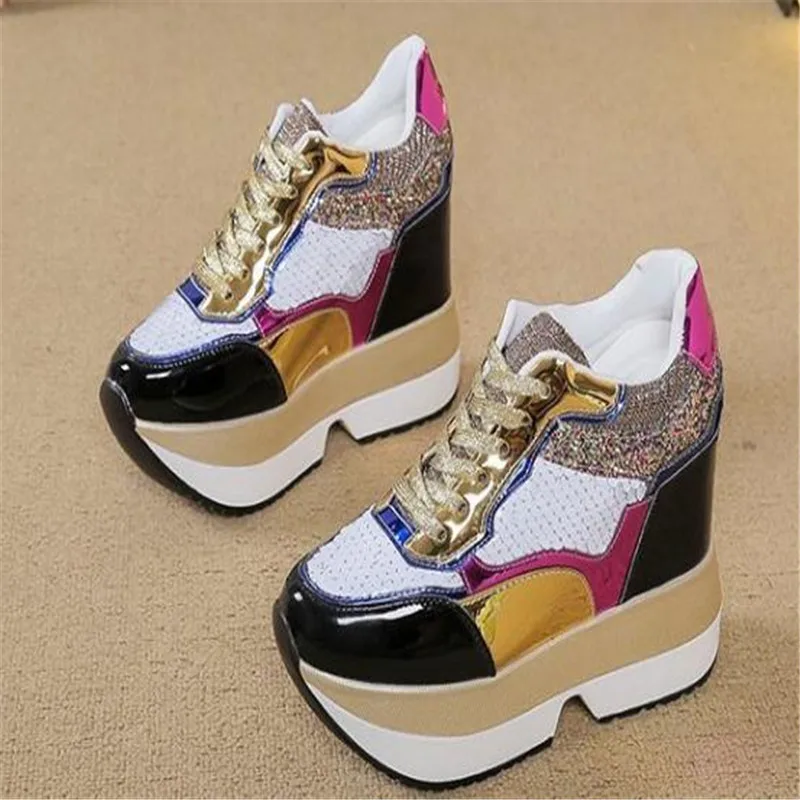 size 34 40 New arrival  Autumn Fashion casual shoes women High Platform Shoes 13 cm thick soled female Trainers Gold Silver