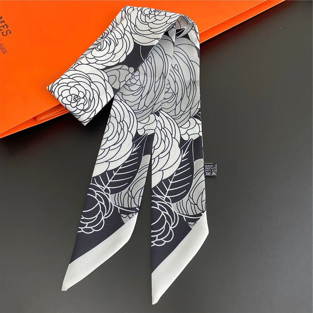 Luxury Brand Bag Scarf Women Twill Silk Scarf Skinny Scarves Ladies Rose Flower Design Wrist Towel Foulard  Neckerchief Headband