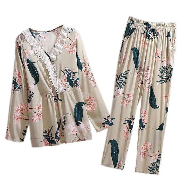 Nieuwe Lente Herfst Plus Size Vrouwen Pyjama Sets Grote Losse Bloemenprint Katoen Met Lange Mouwen Homewear Pakken 3XL 4XL 5XL 6XL 7XL