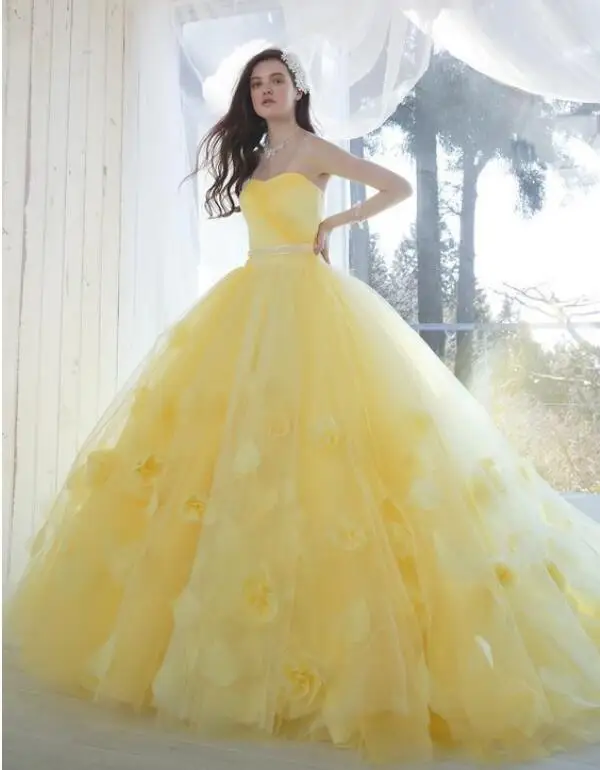 

Princess Ball Gown Quinceanera Dresses Goose Yellow Sweet 15 Years Old Dress Strapless Floral Prom Dresses Plus Size Party Gowns