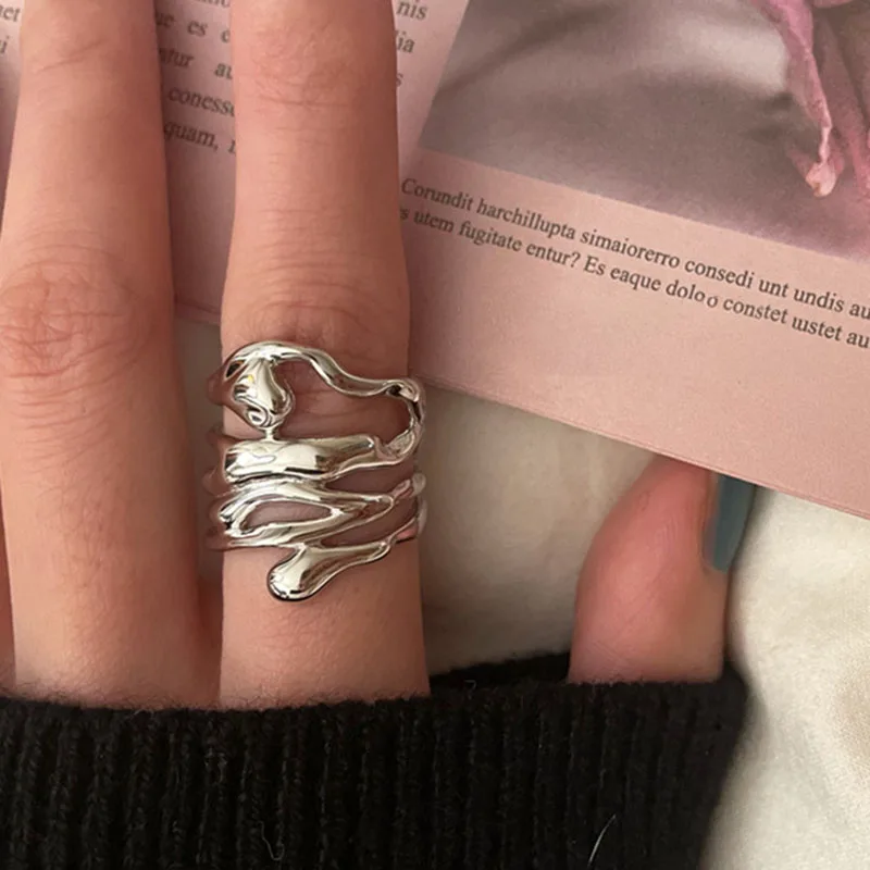 Foxanry Silver Color Rings for Women New Trend Creative Simple Hollow Curve Jewelry Vintage Elegant Party Birthday Gifts