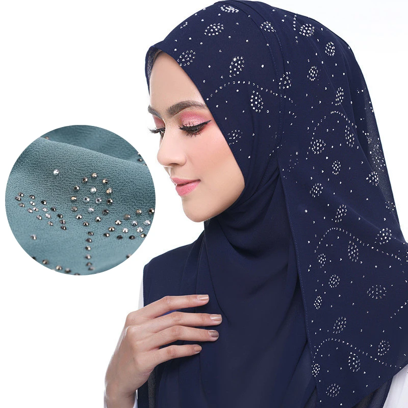 72*175cm Summer phụ nữ hồi giáo voan hijab khăn kim cương lấp lánh Femme musulman Khăn choàng quấn hồi giáo Khăn trùm đầu Malaysia hijab