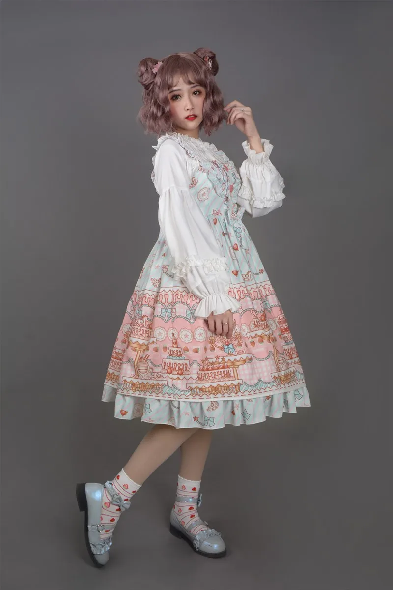 

lolita sweet soft girl strap autumn winter dress cute printing high waist princess victorian dress kawaii girl gothic lolita