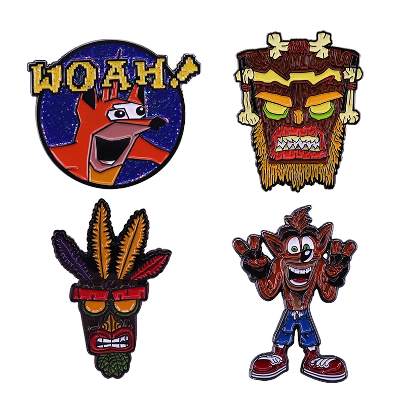Retro 90's Gaming Cool Crash Bandicoot Brooch Collection Woah! Aku Aku Mask Badge Honest Adventure Video Game Fans gift