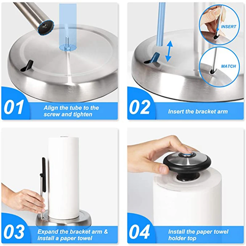 Single Tear Paper Towel Holder, Easy Tear Paper Towel Holder Countertop for Kitchen, Tension Arm Roll Dispenser Holder