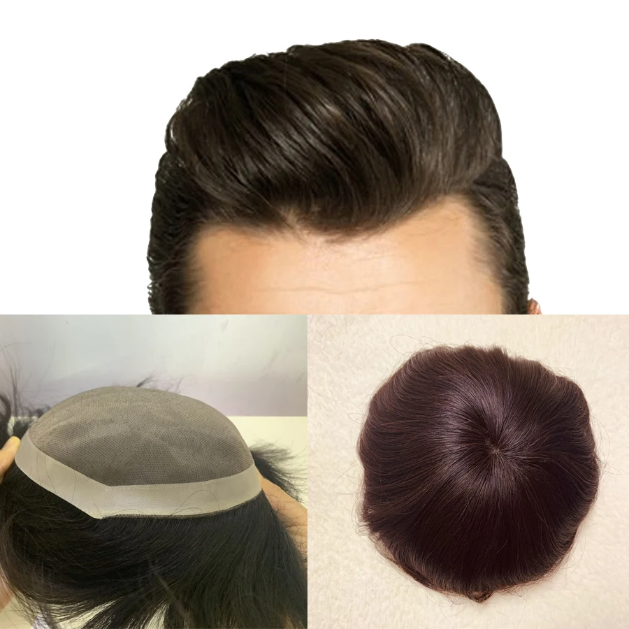 

Brown Toupee For Men PU With Lace Human Hair 100% Human Hair Toupee Replacement System Free Shipping