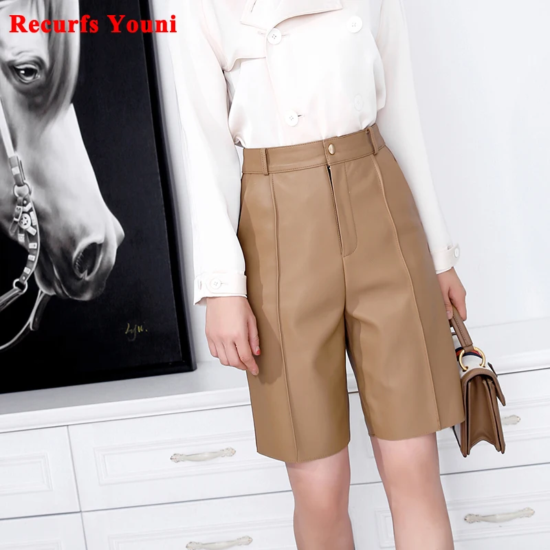 Top European Women\'s Genuine Leather Short Pants Female Simple Handsome Straight Line Suit Trousers Slim Khaki Midi Shorts