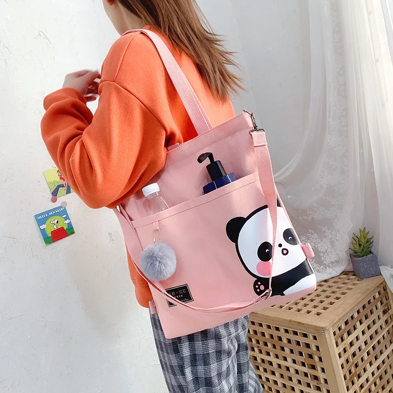 Women\'s Shoulder Bags Canvas Handbags 2023 Girls Shopper Purses Fashion Casual Cartoon Panda Print Large Capacity Crossbody Bags