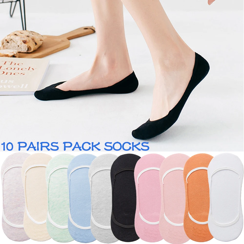 10 Pairs Women Invisible Sock Slippers Short Ankle Socks Set Fashion Ladies Woman Pack Solid Color Cotton Non-slip No Show Socks