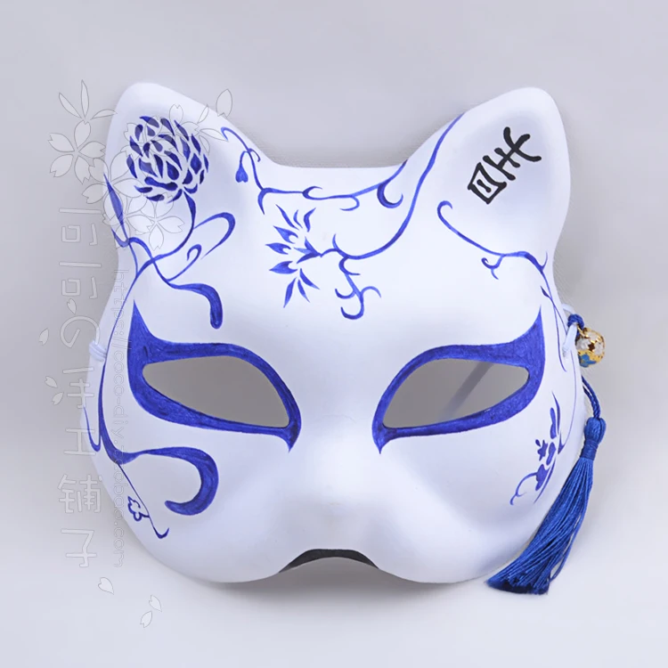 Custom Fox Cat Masks Hand-Painted Japanese Style Cos Anime Solid Color Blue and White Porcelain Handmade mask Cosplay Ball Face