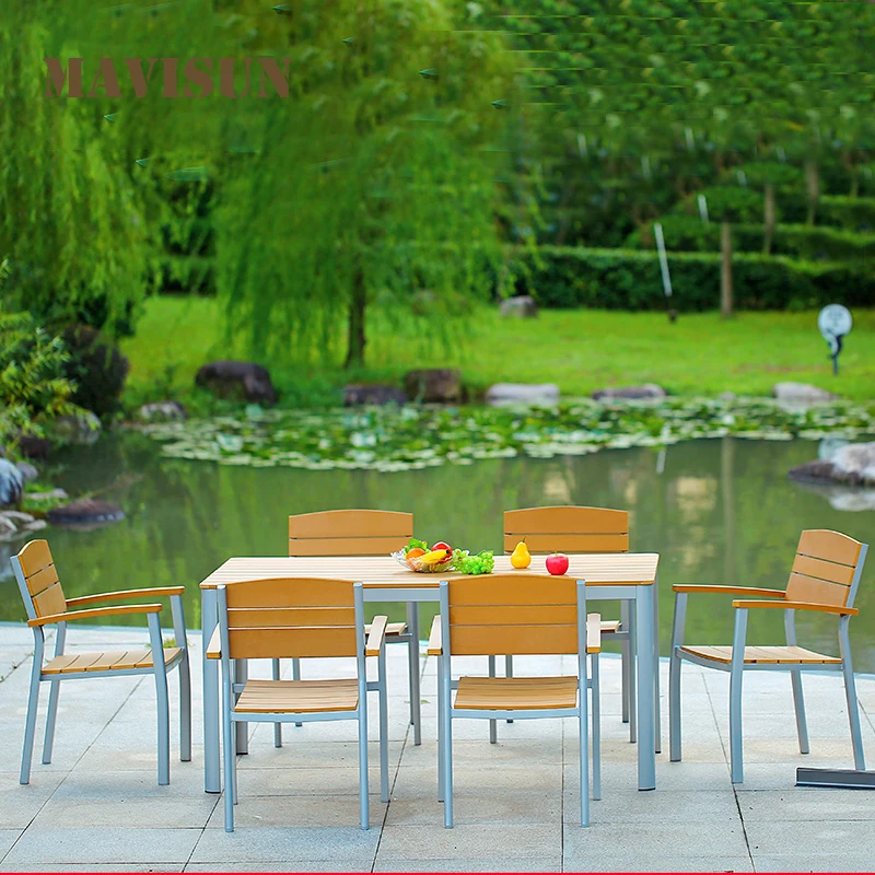 Exterior Dinning Plastic Wooden Table Set 6 Chairs For Simple Restaurant Lounge Large Apartment Garden Party Furniture