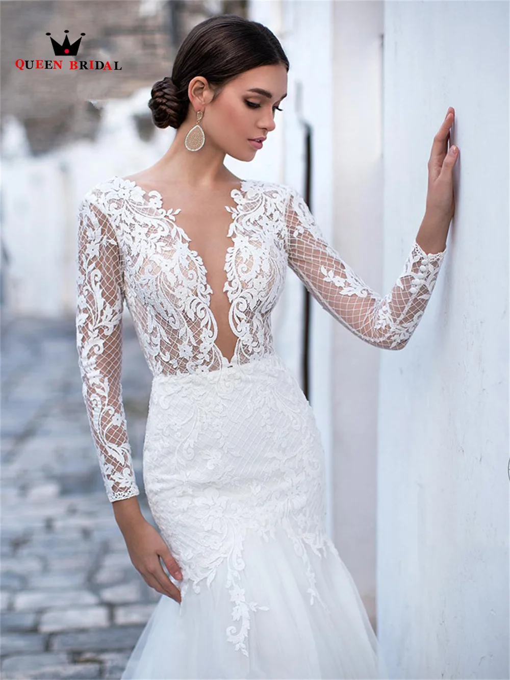 Elegante sereia vestidos de casamento com decote em v manga longa tule rendas cristal vestido de noiva luxo 2023 novo design feito sob encomenda ds56