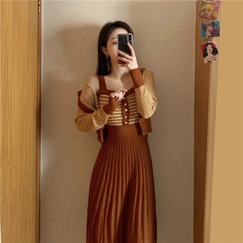 

Vintage Chic Knitted 2 Piece Suit Women French Short Knitted Cardigan Knitted Sling Dress Fashion Female Suit Autumn Winter New