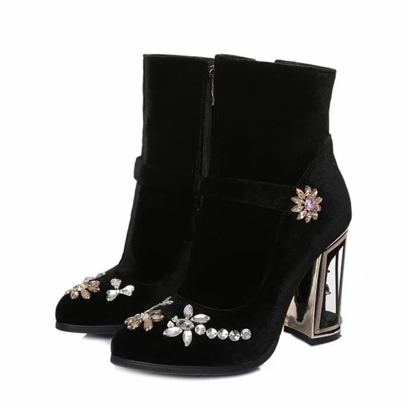 

Women Ankle Boots Black Velvet Designer Diamond Flower Birdcage High Heel Rhinestone Botas Mujer Ladies High Female Boots Botte