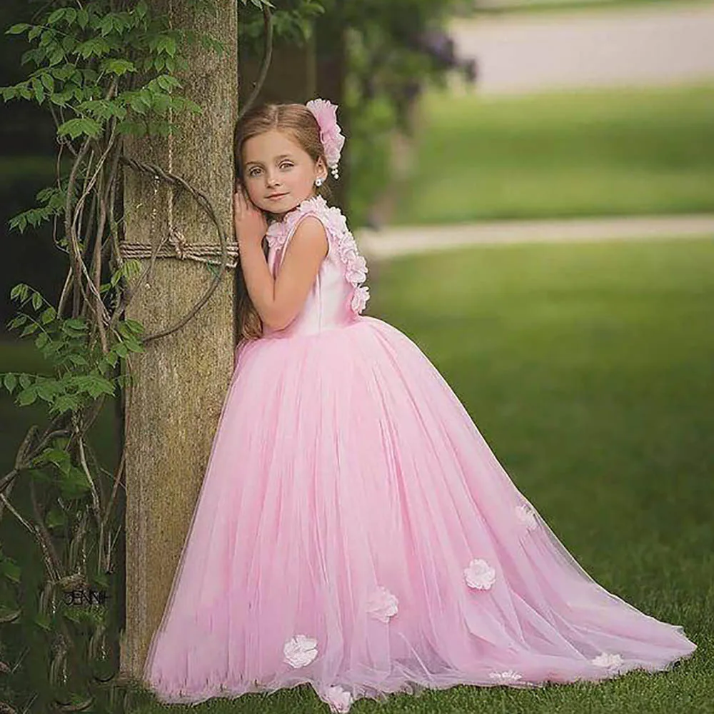 Rosa vestido de flor chica vestido de fiesta vestidos de novia hecho a mano flores de perlas anillo corazón doble niños concurso de belleza de cumpleaños Weddding vestidos