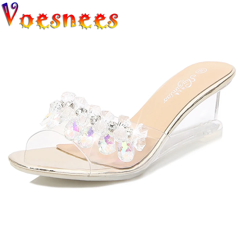 Voesnees Slippers Women Fashion Rhinestones Transparent Sandals 2021Summer New Non-slip Wedges Slides Female Model Catwalk Shoes