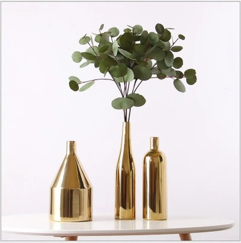 1pc Modern Golden Vase Ceramic Flower Vase Gold Metallic Vase Water Planting Container Desktop Decorative Vase