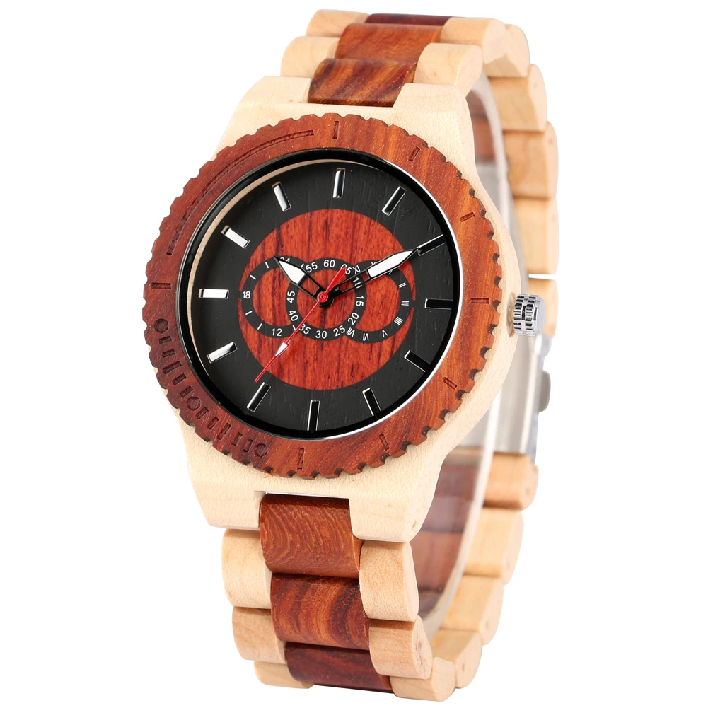 Men Quartz Wooden Wristwatch Classic Black Red Dial with Luminous Pointers Watch Stable Folding Clasp Watches