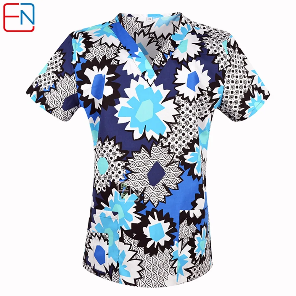 Hennar Women peeling Top V-Neck 100% bawełna Print peeling mundury kliniczne damskie szorowania topy