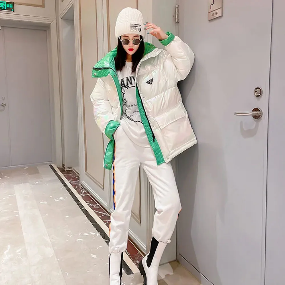 2021 Autumn Winter Women New White Hit Color Glossy Parka Coat New Korean Loose Letters Printe Jacket Trend Hooded Bread Service